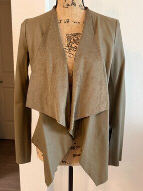 Zara Olive Green Faux Leather Draped Waterfall Jacket XS NWT